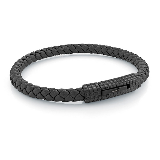 Braided black leather bracelet with clasp.