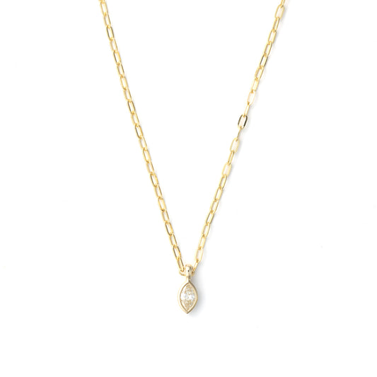 Marquise diamond on yellow gold paperclip chain.