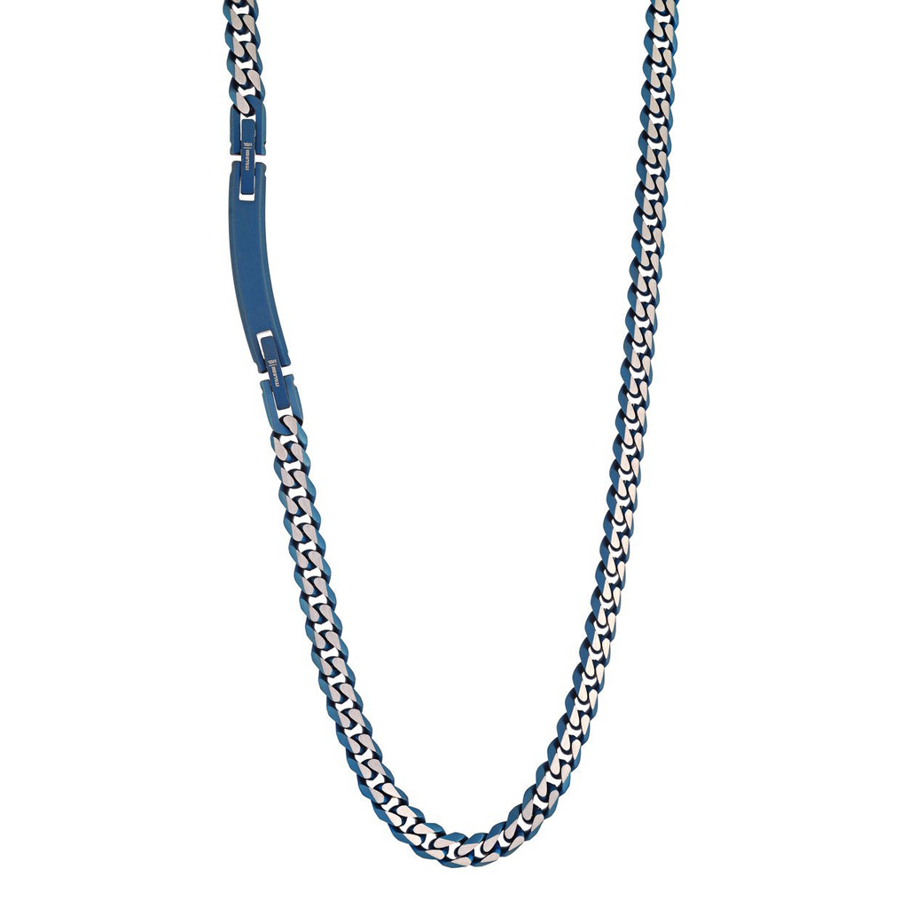 Stainless steel Cuban link chain, blue-white.