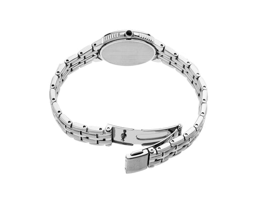 Stainless steel watch with clasp open.