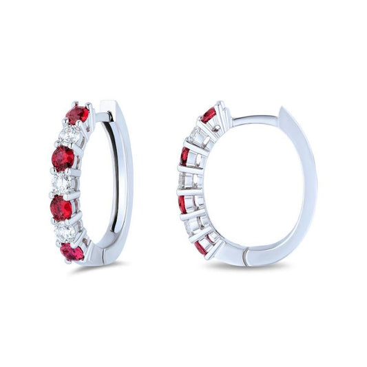 ReMARKable Designs Small Hoop Color Gemstone Earrings in 18 Karat White Gold with 8 Round Rubies 0.84ctw