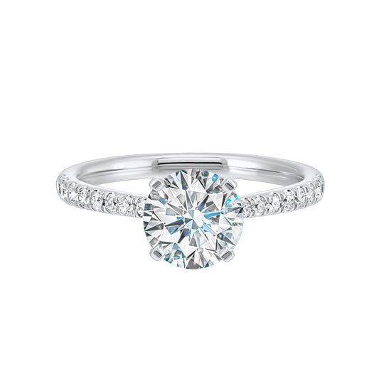 White gold ring with round diamond accents.