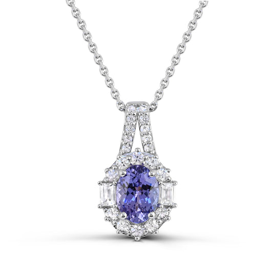 ReMARKable Designs Pendant Color Gemstone Necklace in 10 Karat White Gold with 1 Oval Tanzanite 1.30ctw 8mm-8mm