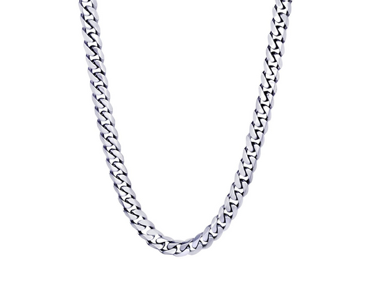 Stainless steel Cuban link chain, polished finish.