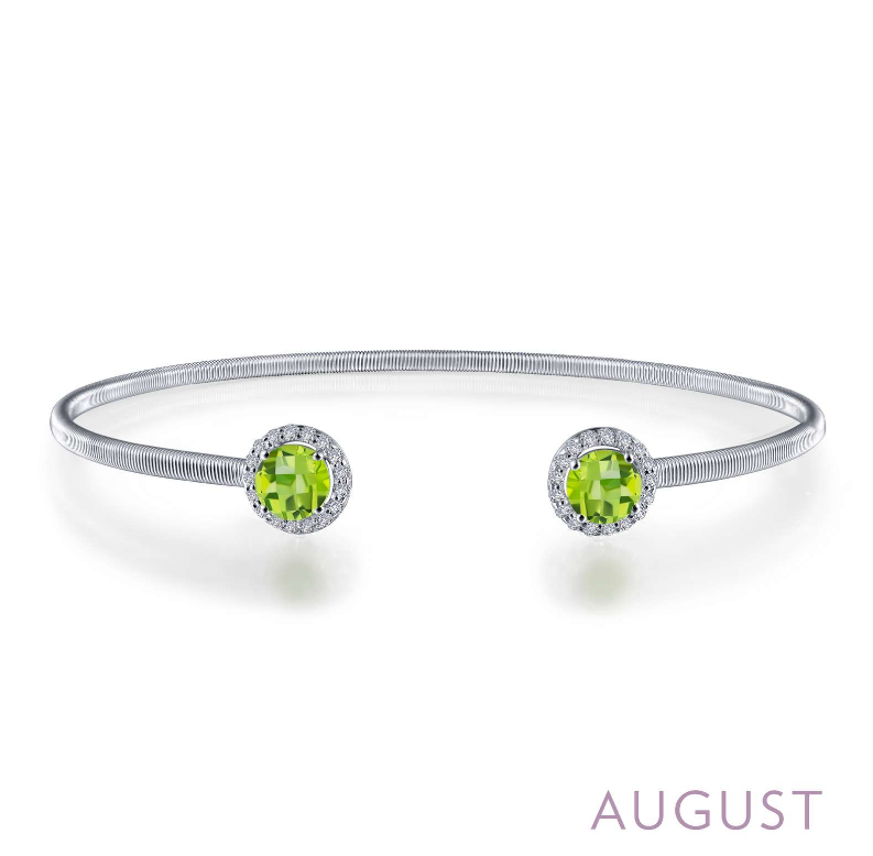 Cuff Color Gemstone Bracelet in Platinum Bonded Sterling Silver White with 2 Round Peridot 0.92ctw