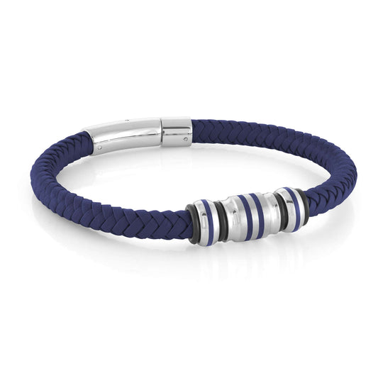 Bracelet (No Stones) in Stainless Steel - Leather White - Blue