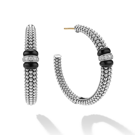 Lagos Black Caviar Collection Large Hoop Natural Diamond Earrings in Sterling Silver - Ceramic White - Black with 0.19ctw G/H SI1-SI2 Round Diamond
