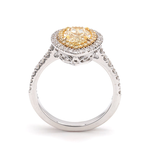 Halo Side Stone Natural Diamond Complete Engagement Ring in 18 Karat White with 1 Pear Diamond, Color: Yellow, Clarity: VS, totaling 1.60ctw