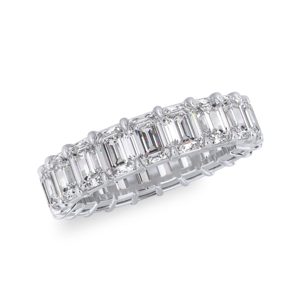 Emerald-cut diamond eternity band, white gold.