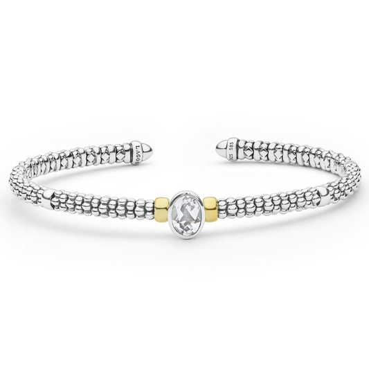 Lagos Signature Caviar Collection Cuff Color Gemstone Bracelet in Sterling Silver - 14 Karat White - Yellow with 1 Oval White Topaz 8mm-8mm
