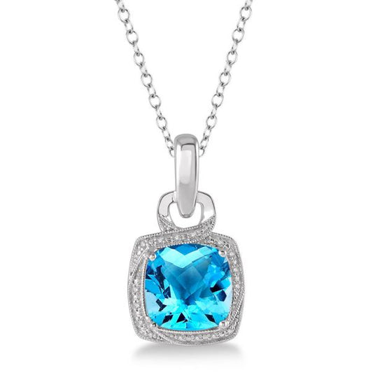 Pendant Color Gemstone Necklace in Sterling Silver White with 1 Cushion Blue Topaz 10mm-10mm