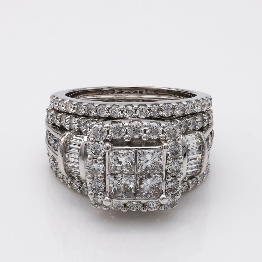 Halo diamond wedding set with princess stones.