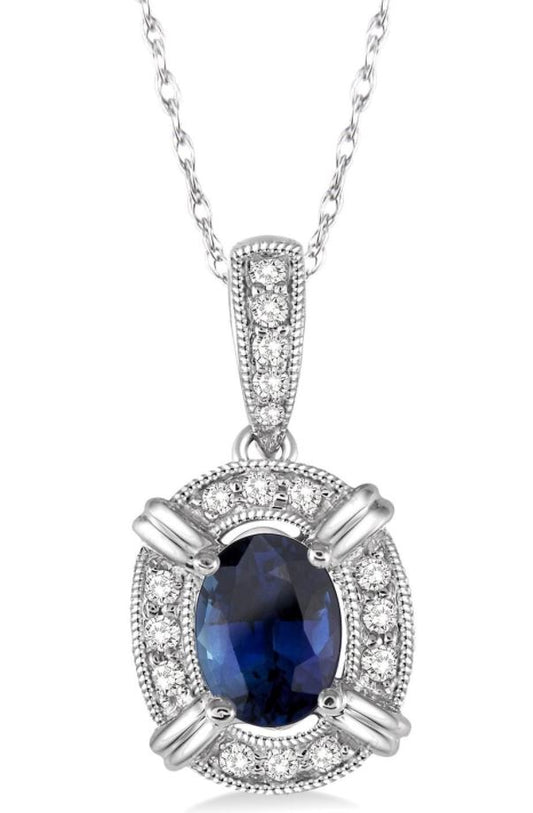 Pendant Color Gemstone Necklace in 10 Karat White with 1 Oval Blue Sapphire 6mm-6mm