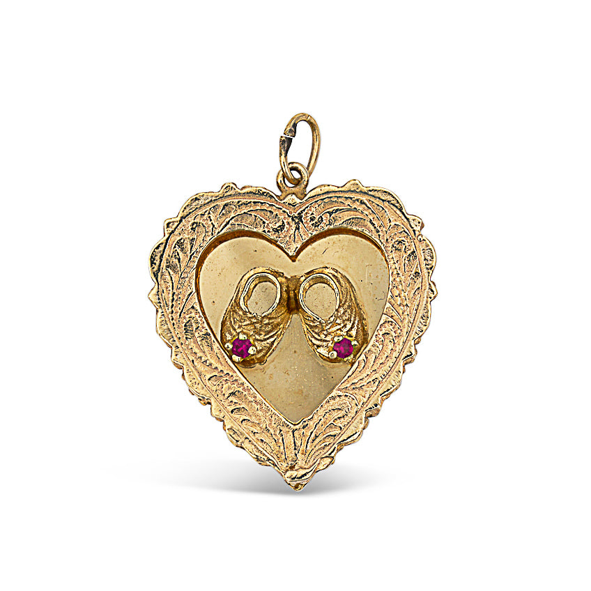 14K Yellow Gold Ruby Booties Heart Charm Pendant