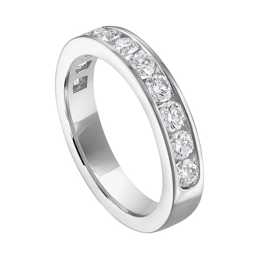 14K white gold band with round diamonds.