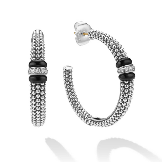 Lagos Black Caviar Collection Large Hoop Natural Diamond Earrings in Sterling Silver - Ceramic White - Black with 0.19ctw G/H SI1-SI2 Round Diamond