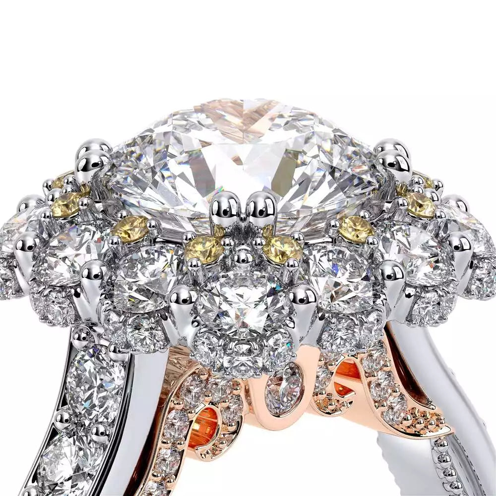 Verragio diamond halo ring with rose gold accents.