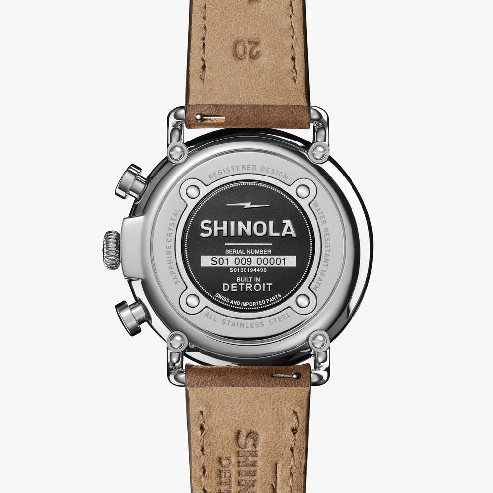 Back of SHINOLA Runwell watch with leather strap.