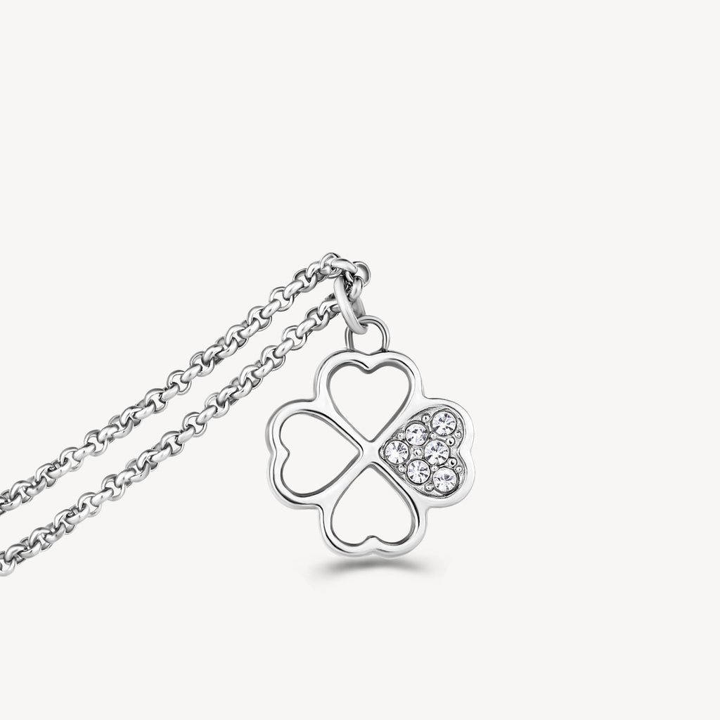 Clover pendant with simulated diamonds, stainless steel.