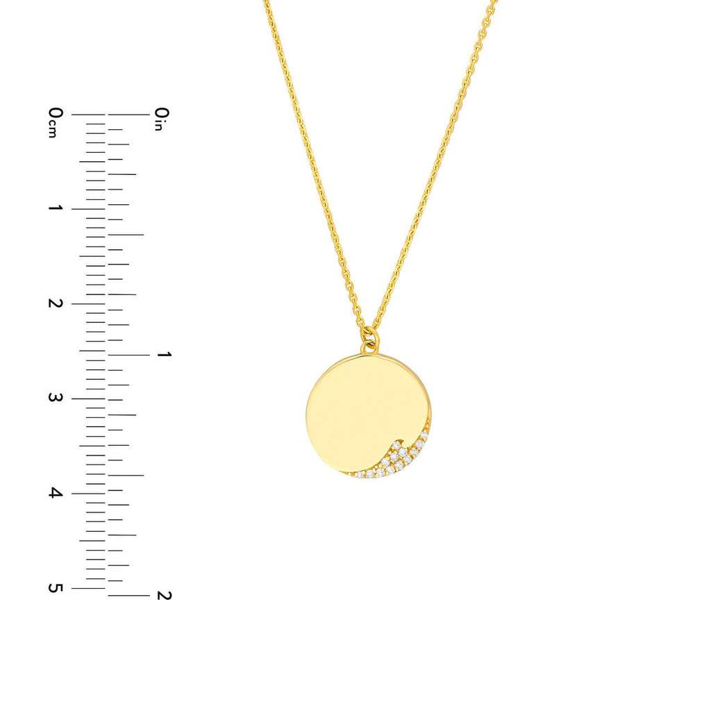 14K gold necklace with round diamond accents.