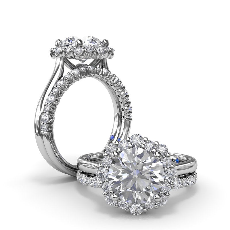 14K white gold band with round diamonds.