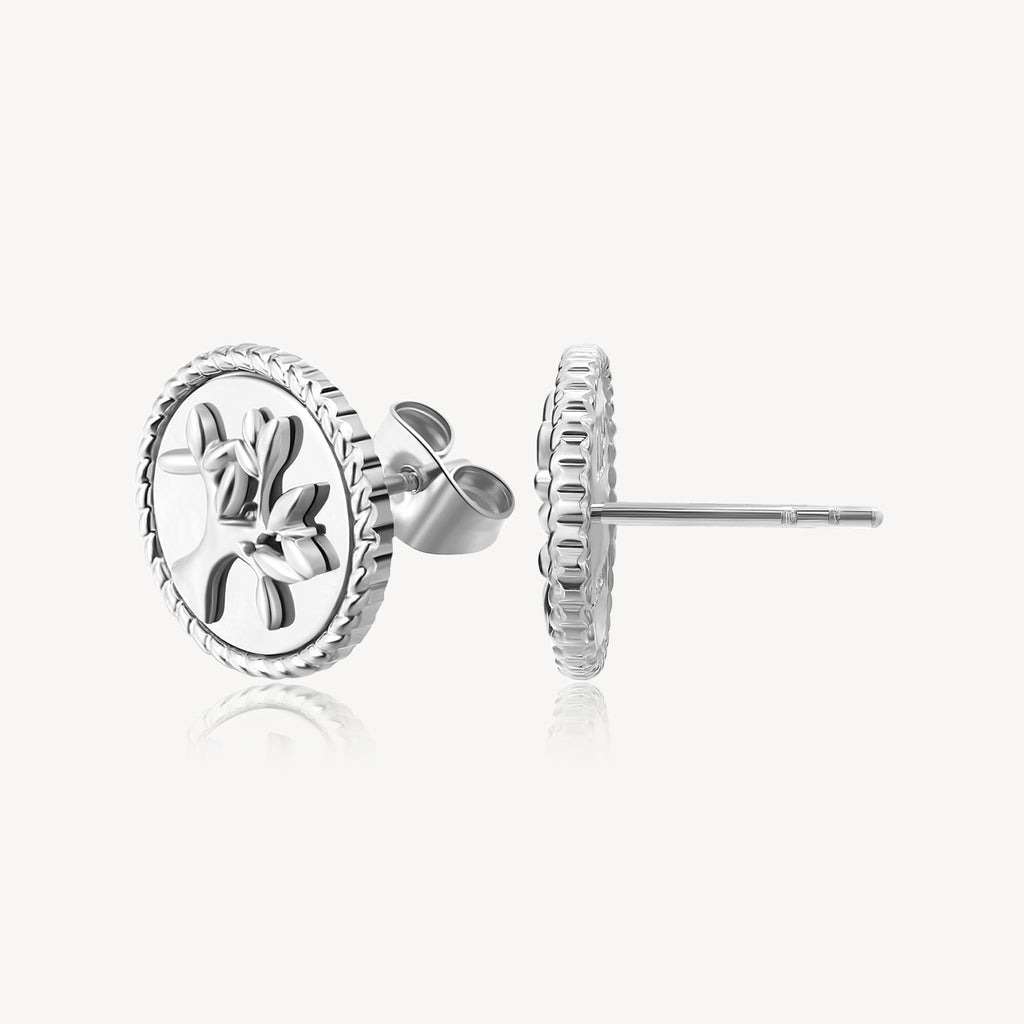 Stainless steel stud earrings with floral design.