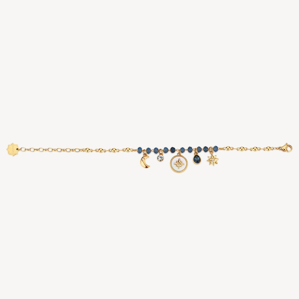 Yellow bracelet with blue and gold charms.