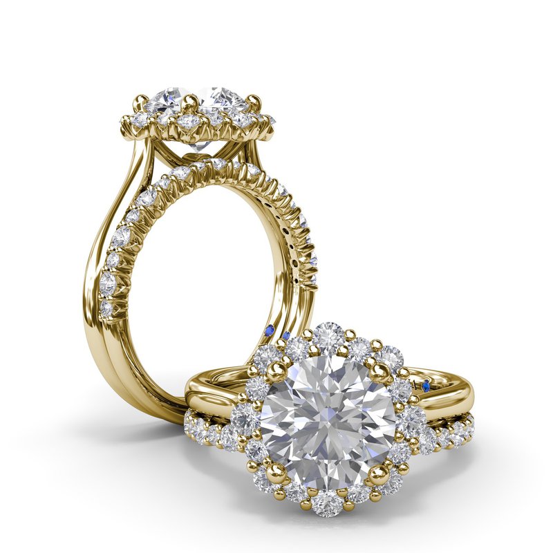 Yellow gold band with various shaped diamonds.