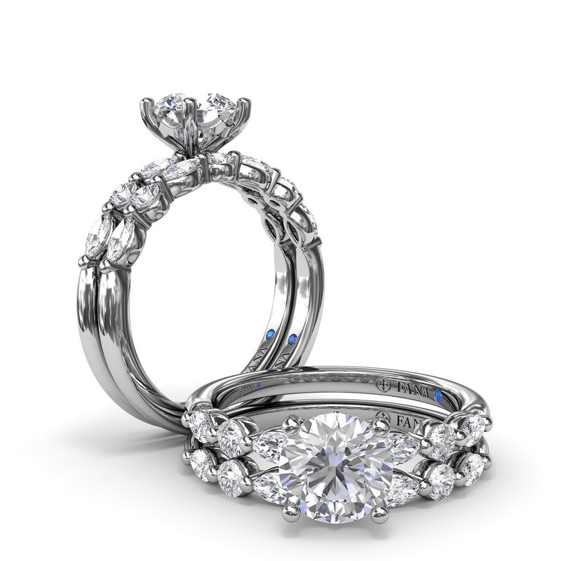 14K white gold band with round diamonds.