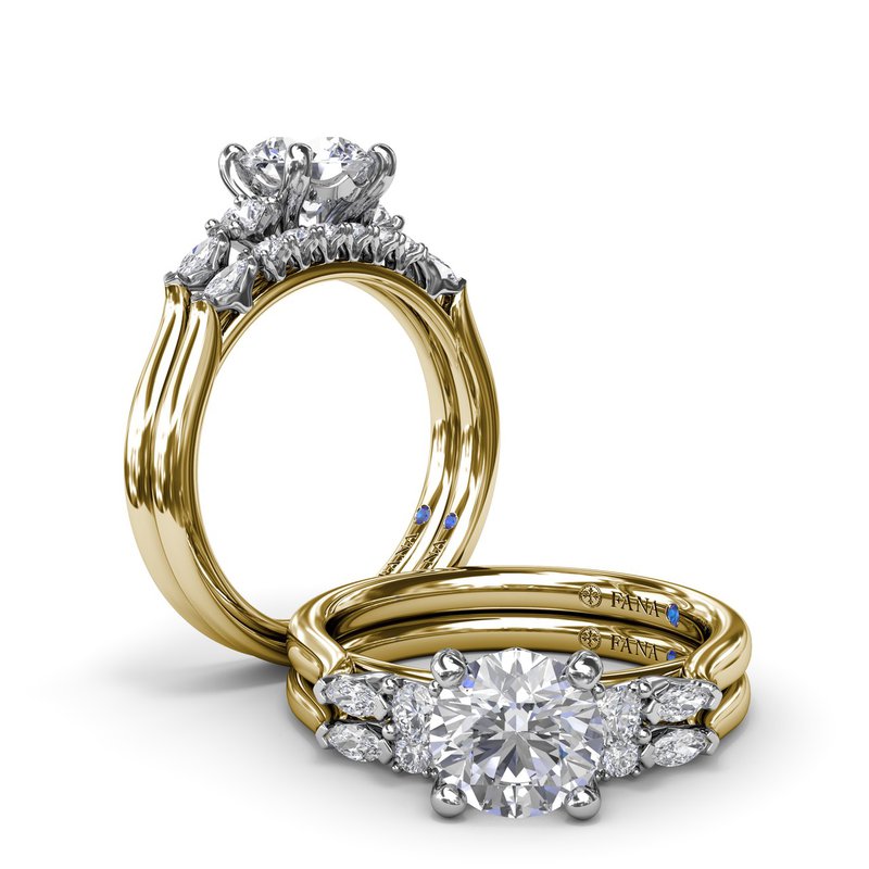 Dual-tone diamond engagement ring with side stones.