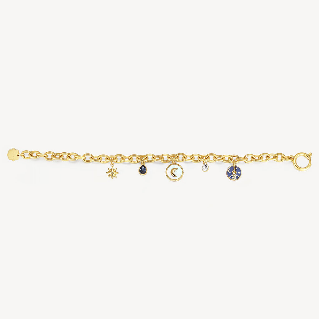 Yellow bracelet with colorful gemstone charms.