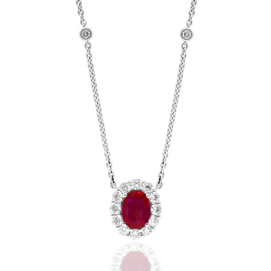 Pendant Color Gemstone Necklace in 18 Karat White with 1 Oval Ruby 1.46ctw