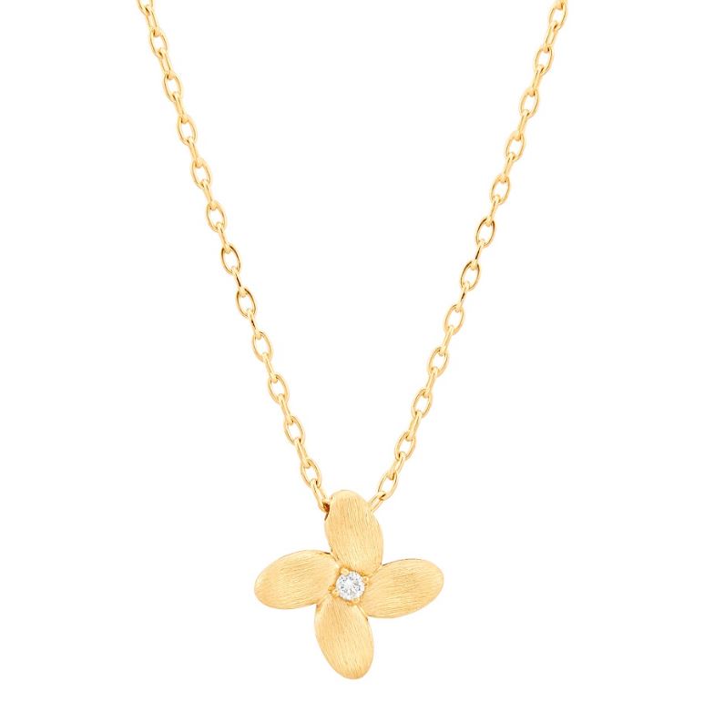 Yellow gold flower necklace with diamond center.