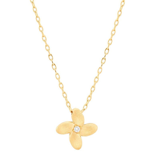 Yellow gold flower necklace with diamond center.