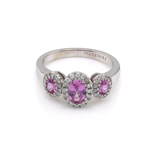Marks Estate Department 2 Color Gemstone Ring in 18 Karat White Gold with 3 Oval Pink Sapphires 0.92ctw 4mm-6mm