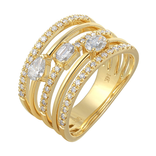14K yellow gold ring with various diamonds.