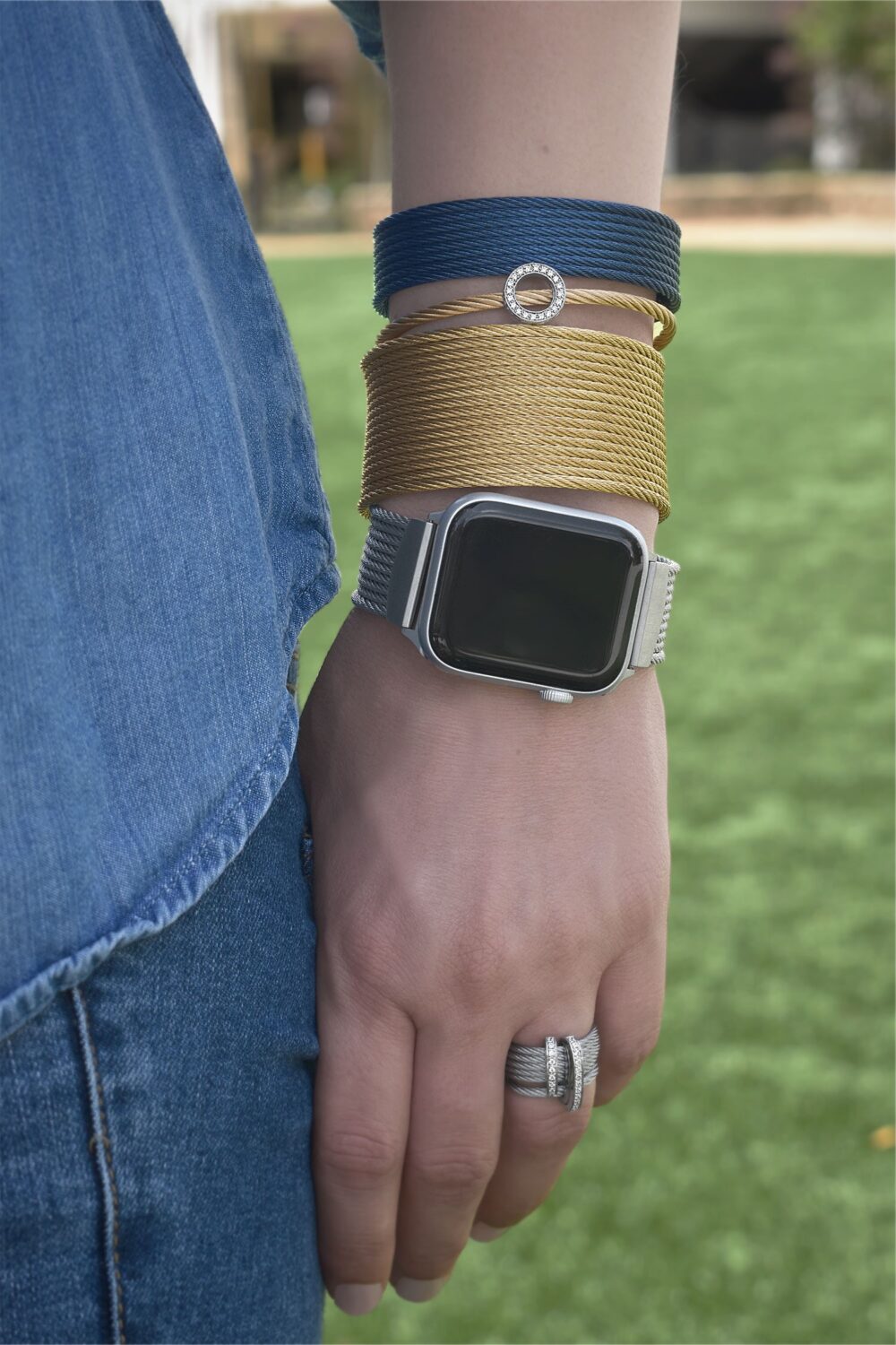 Blue stainless steel cable cuff bracelet.
