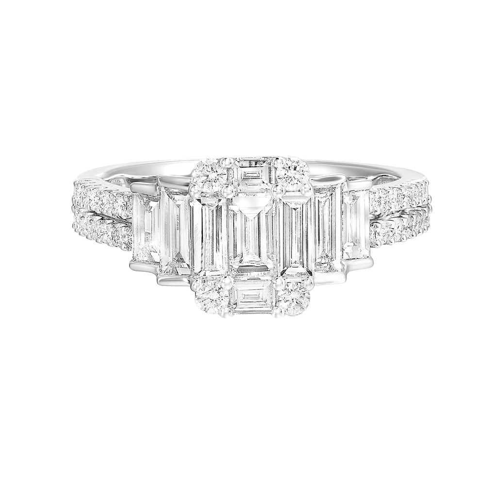 Memorable Moments Collection Diamond Accent Pre-Set Earth Mined Complete Diamond Engagement Ring in 18 Karat White with 1.00ctw G/H SI2 Baguette Diamonds