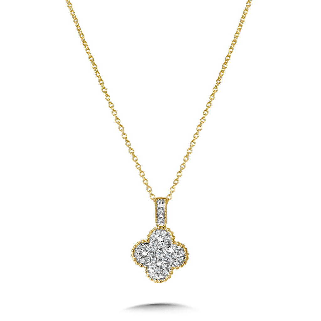 Diamond clover pendant on yellow gold chain.