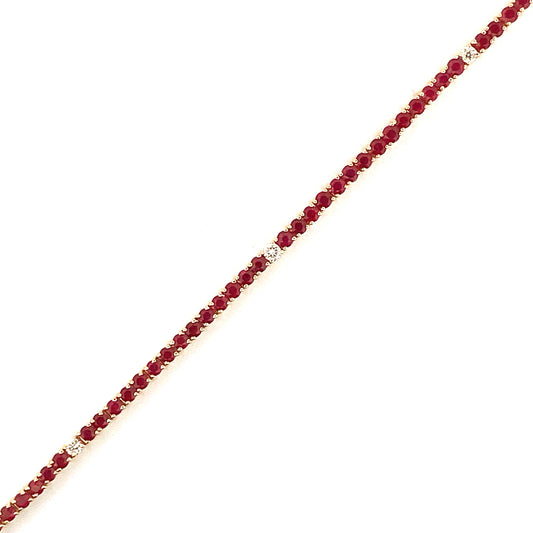 Color Gemstone Bracelet in 14 Karat Yellow with 69 Round Rubies 4.83ctw