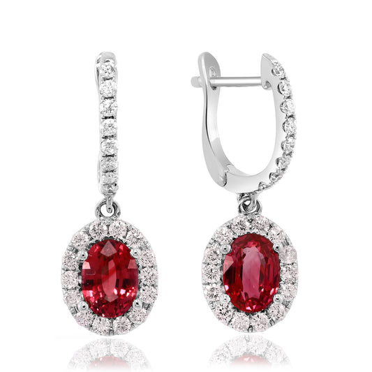 Oval ruby diamond halo drop earrings.