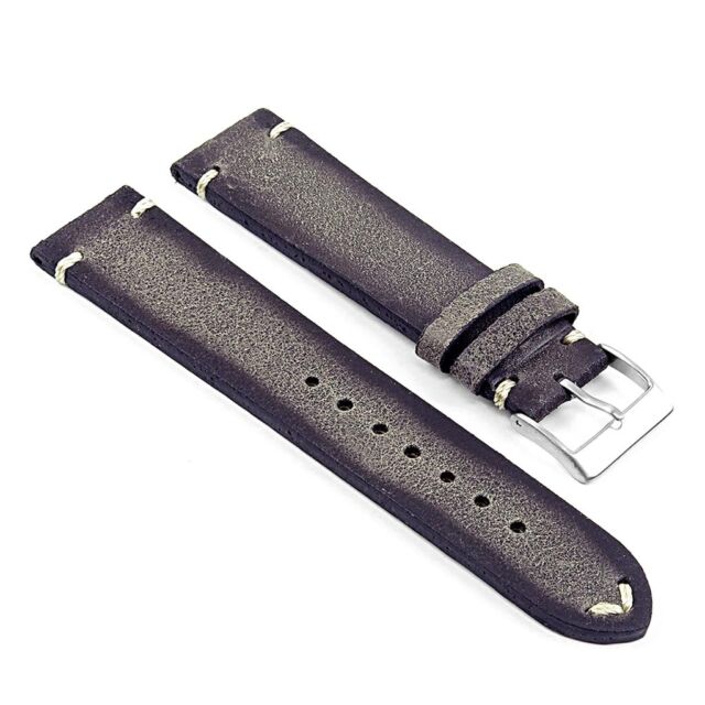 Grey leather watch band with tang buckle.