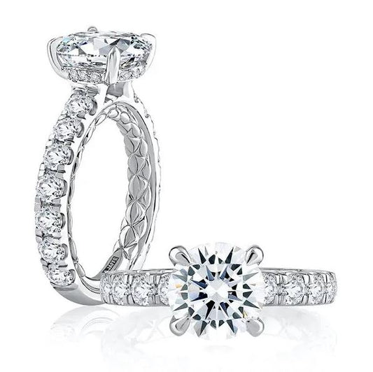 Hidden Accent Side Stone Natural Diamond Semi-Mount Engagement Ring in 14 Karat White with 30 Round Diamonds, totaling 1.46ctw