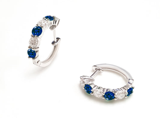 Small Hoop Color Gemstone Earrings in 14 Karat White with 6 Round Sapphires 0.97ctw