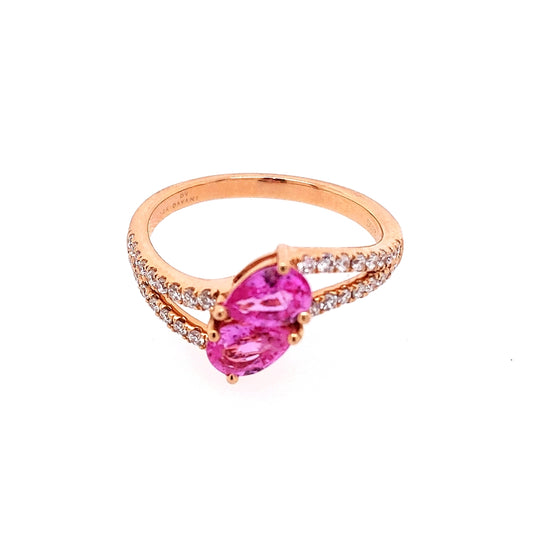 Precious Color Collection Earth Mined Diamond Color Gemstone Ring in 14 Karat Rose with 2 Pear Pink Sapphires 1.05ctw