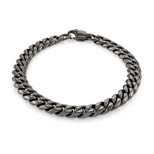 Dark grey stainless steel curb link bracelet.