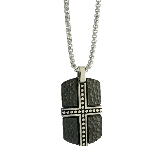 Hammered black cross dog tag necklace.