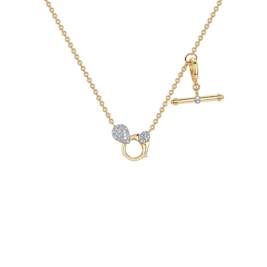 Yellow gold necklace with round diamond accents.