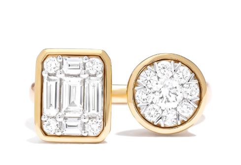 Yellow gold ring with various shaped diamonds.