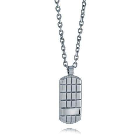 Stainless steel pendant necklace with grid design.